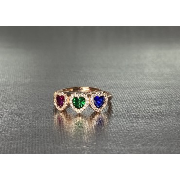 Anello open con cuori rosso verde e blu e zirconi a giro argento rosato 925
