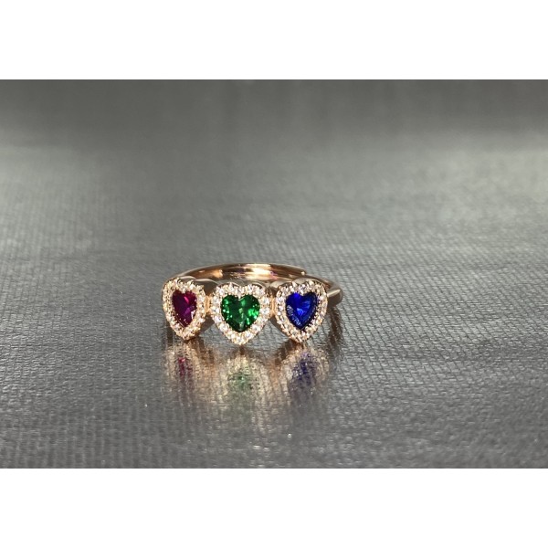 Anello open con cuori rosso verde e blu e zirconi a giro argento rosato 925
