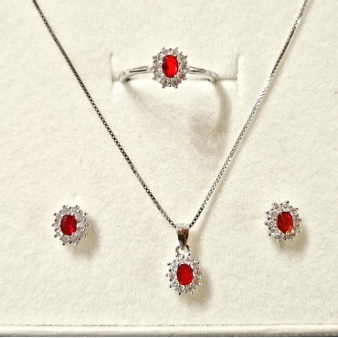 Parure collana con pendente, orecchini e anello centrale ovale rosso in argento 925