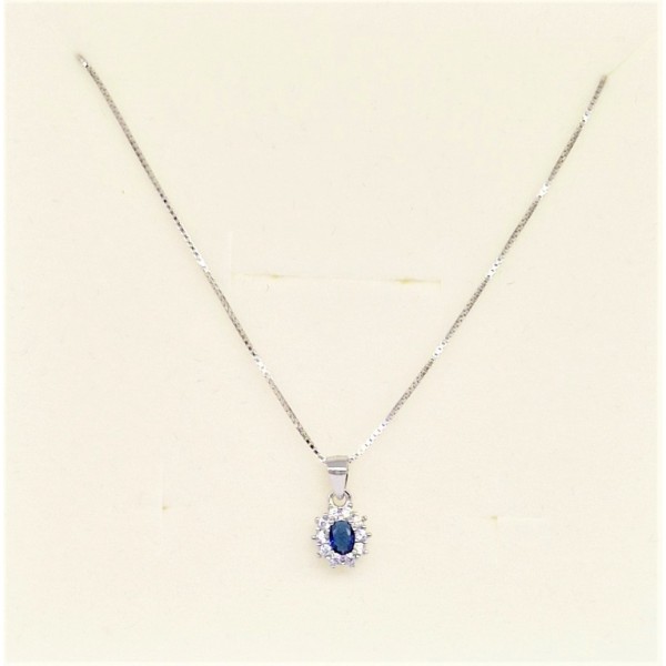 Collana con pendente ovale 5x3 blu e cornice di zirconi in argento 925