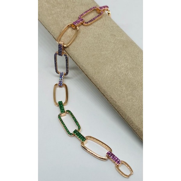 Bracciale argento rosato maglie rettangolari con zirconi 3 colori