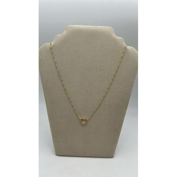 Collana cuore argento dorato con perline verdi e zirconi