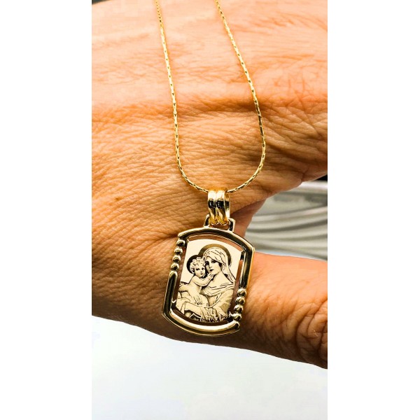 Collana oro giallo coda di topo con medaglia Madonna e Gesu'