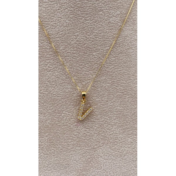 Collana lettera V oro giallo e zirconi