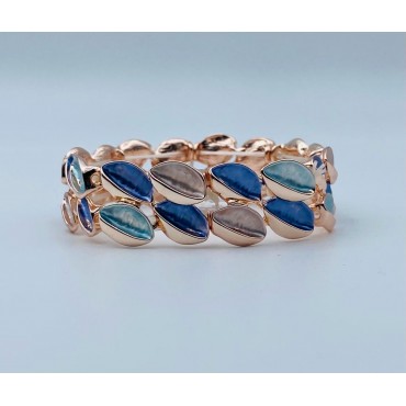 Bracciale armonia elasticizzato in ottone con foglie dai toni azzurri