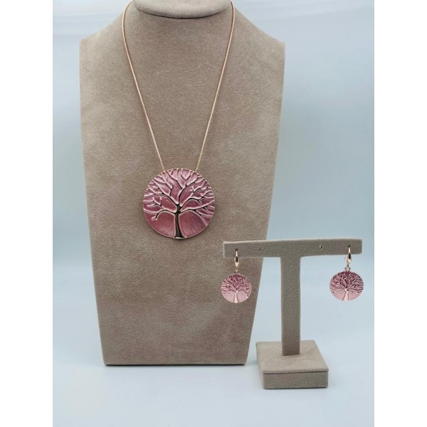 Parure collana e orecchini armonia in ottone con albero della vita smaltato rosa
