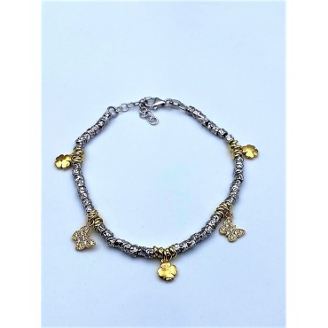 Bracciale cloris in argento con ciondoli farfalla quadrifogli tubicini martellati e nodini