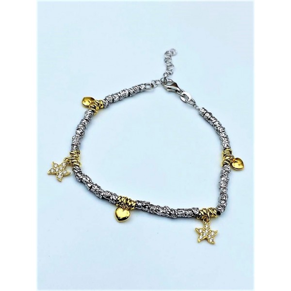 Bracciale cloris in argento con ciondoli stella cuori tubicini martellati e nodini
