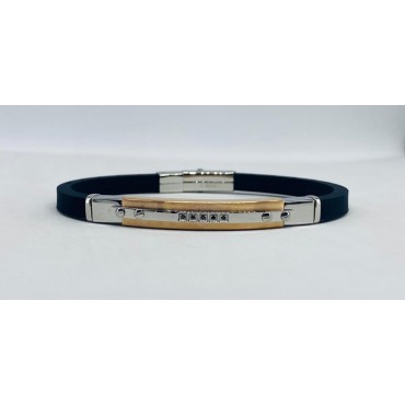 Bracciale caucciù e inserto acciaio dorato e 5 zirconi neri