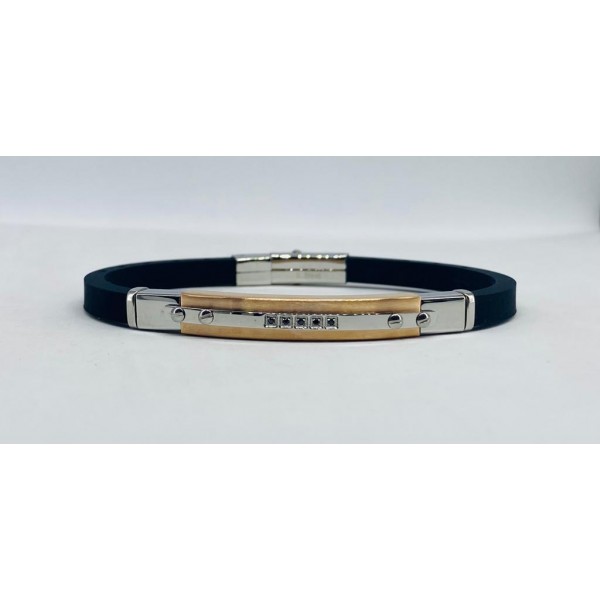 Bracciale caucciù e inserto acciaio dorato e 5 zirconi neri