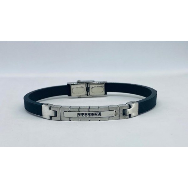 Bracciale caucciù e inserto acciaio con 7 zirconi neri