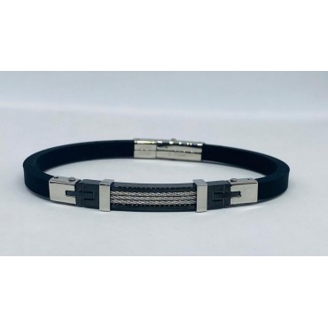 Bracciale Caucciù e Inserto Acciaio nero con cordini metallici centrali