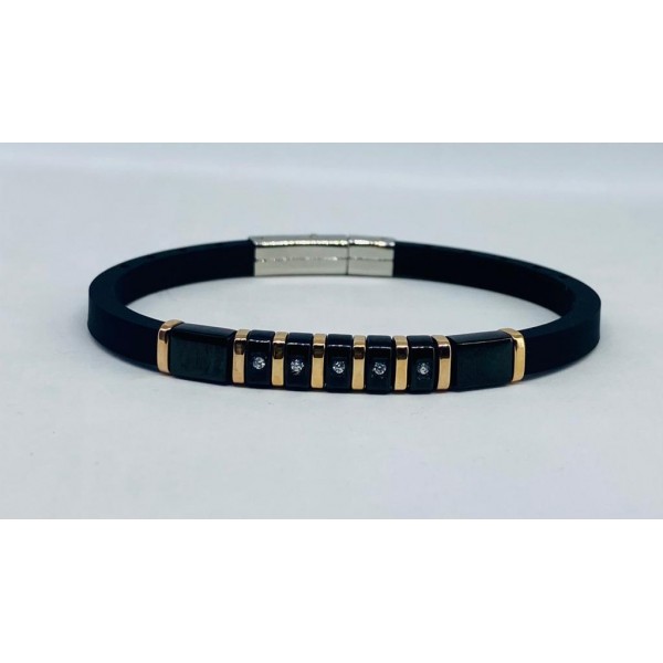 Bracciale caucciù e inserto acciaio nero e rosato con zirconi