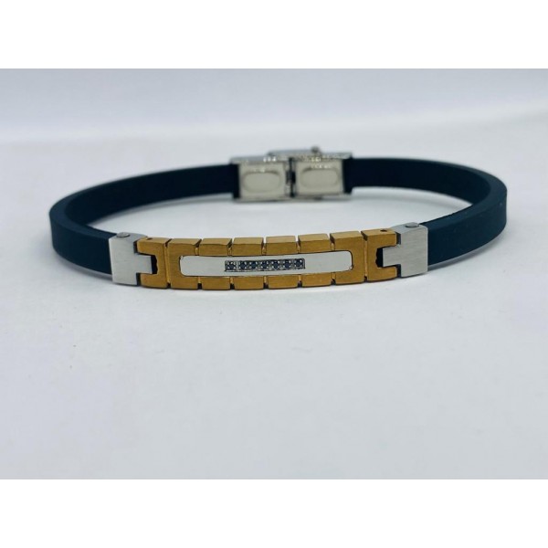 Bracciale caucciù e inserto acciaio dorato e 7 zirconi neri