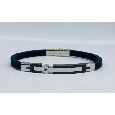 Bracciale caucciù e inserto acciaio nero con zircone nero