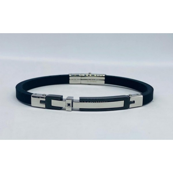 Bracciale caucciù e inserto acciaio nero con zircone nero