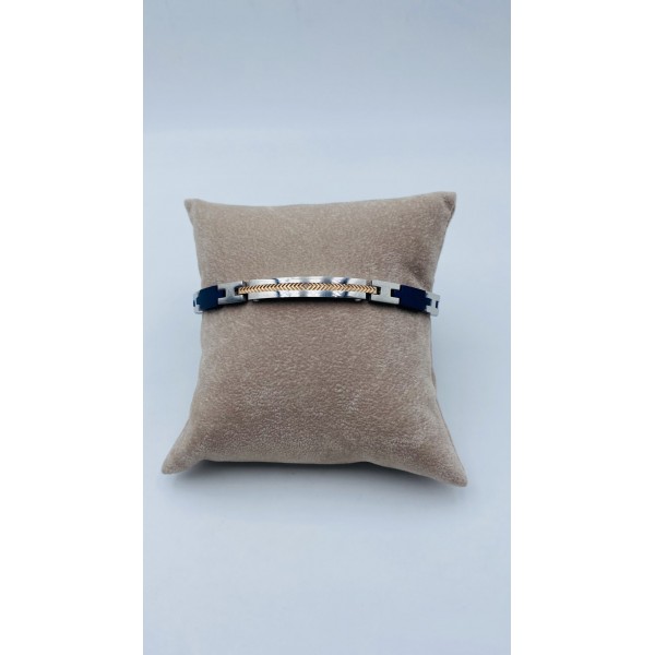 Bracciale acciaio 3 colori acciaio rosa e blu targhetta con strass incassato