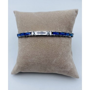 Bracciale acciaio e ceramica blu con targhetta strass blu