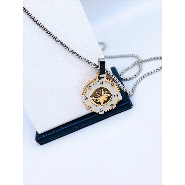 Collana acciaio maglia tubolare con ciondolo bussola colore acciaio-dorato