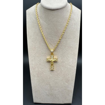 Collana corda 4mm in acciaio dorato con Croce con Cristo in bronzo dorato con zirconi