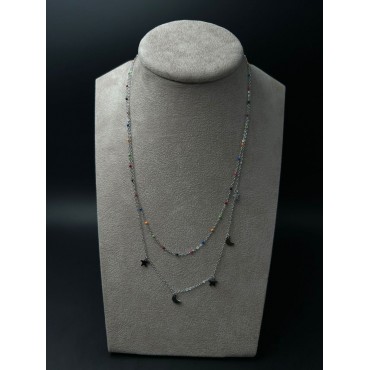 Collana Cosmic Rainbow in acciaio doppia catenella, Stelle, Lune e Dettagli Colorati