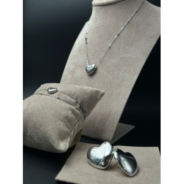 Parure Collana, Bracciale e orecchini Love Secret in acciaio doppia catenella con cuore, chiave e punto luce