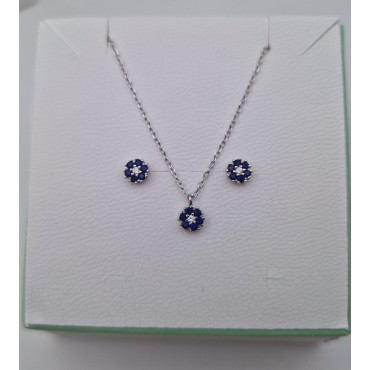 Parure Collana E Orecchini Punti Luce Margherita In Argento Con Zirconi blu a cornice