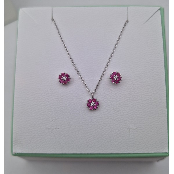 Parure Collana E Orecchini Punti Luce Margherita In Argento Con Zirconi rossi a cornice