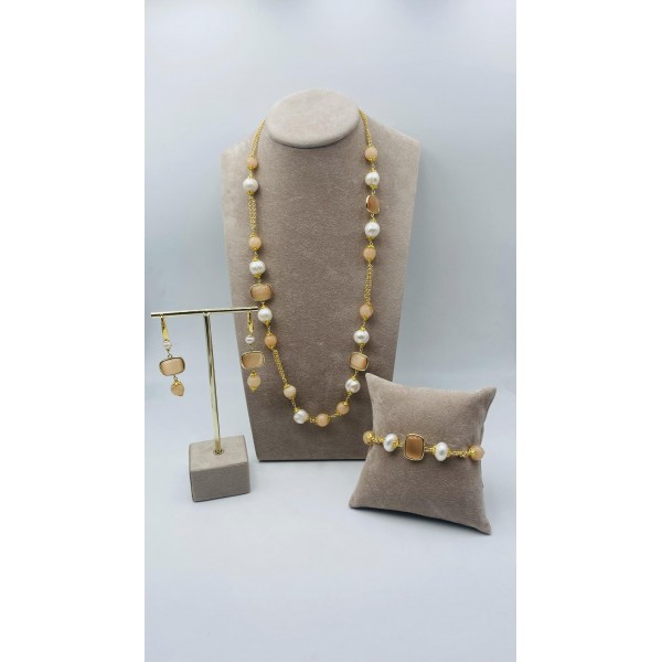 Parure collana, bracciale e orecchini bijuox dorati con perle e pietre dure color giallo-quarzo