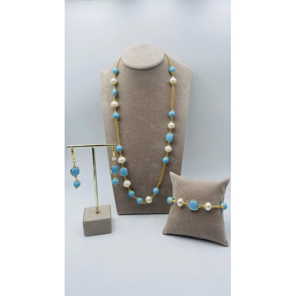 Parure collana, bracciale e orecchini bijuox dorati con perle e pietre dure color turchese