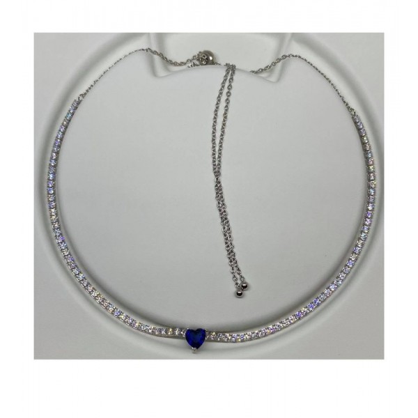 Collana tennis Choker argento con centrale cuore blu