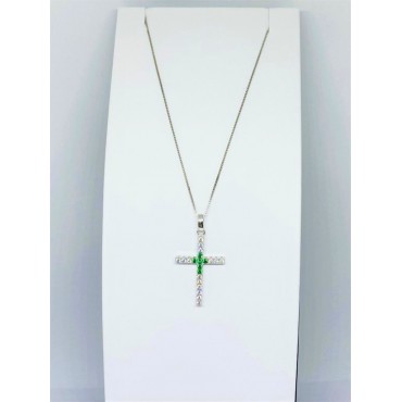 Collana con pendente croce argento e zirconi bianchi e centrali verdi