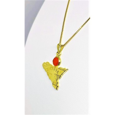 Collana con pendente Sicilia argento dorato e corallino
