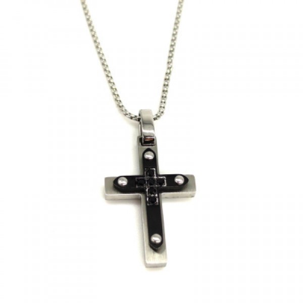 Collana maglia tubolare con Croce doppia piastra in acciaio e zirconi neri 06560