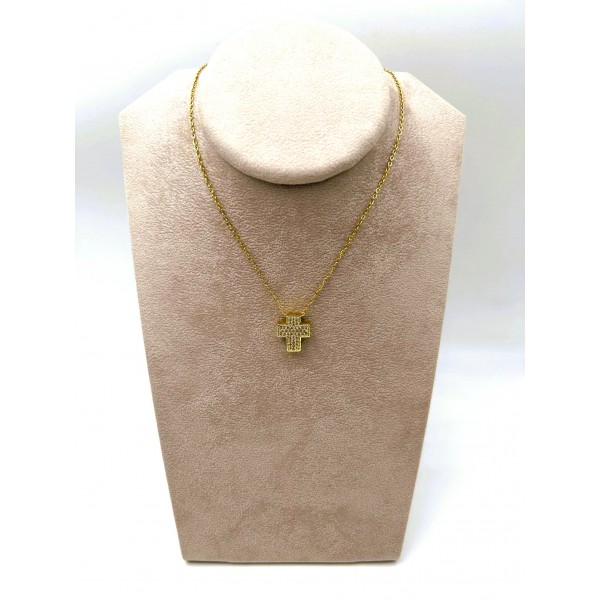 Collana forzatina in acciaio dorato con Croce zirconata