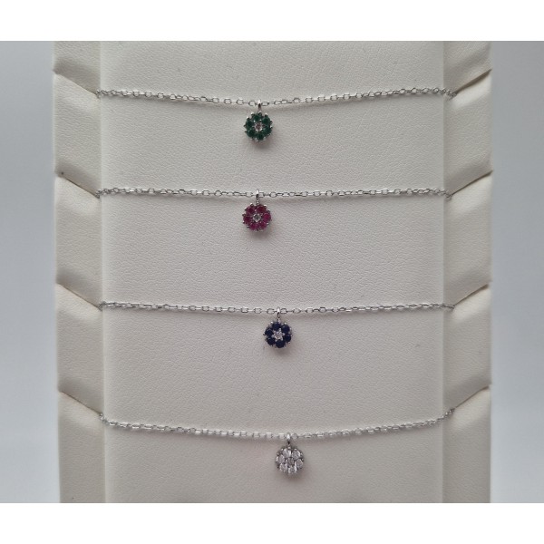 Collana punti luce margherita in argento con zirconi bianchi, blu, verde o rosso