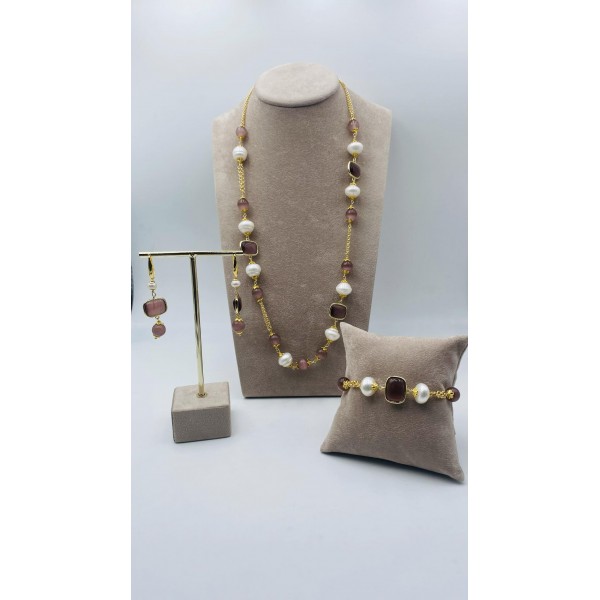 parure collana, bracciale e orecchini bijuox dorati con perle e pietre dure color ametista