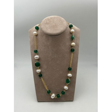 Collana bijuox lunga con perle e pietre dure color verde