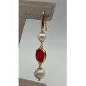 Orecchini pendenti a uncino bijuox dorati con perle e pietre dure color rosso
