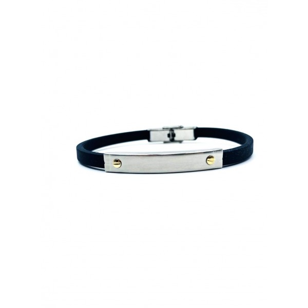 Bracciale caucciù e inserto targa in acciaio con elementi dorati