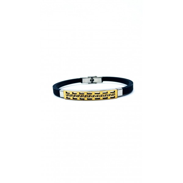Bracciale caucciù e piastra centrale acciaio dorato con trama