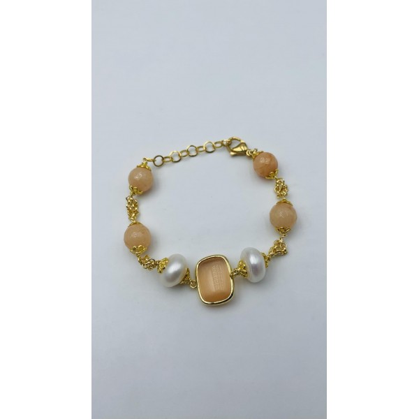 Bracciale in acciaio dorato con perle e pietre dure color quarzo giallo
