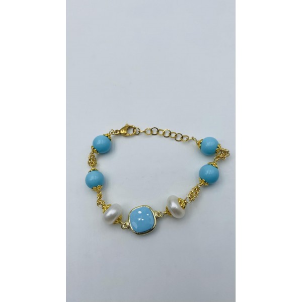 Bracciale in acciaio dorato con perle e pietre dure color turchese