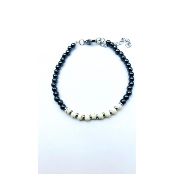 Bracciale in acciaio con ematite e perline color bianco-perla