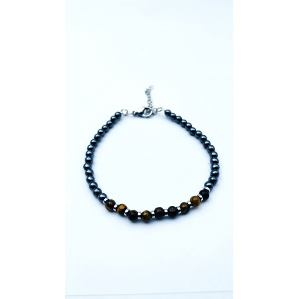Bracciale in acciaio con ematite e perline color occhio di tigre