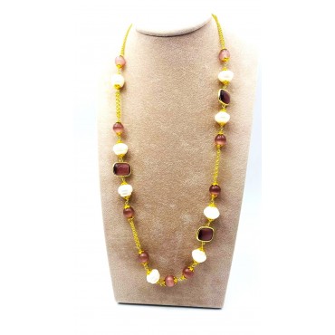 Collana bijuox lunga con perle e pietre dure color ametista