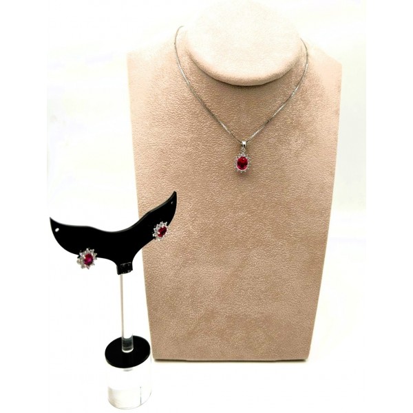 Parure collana con ciondolo e orecchini in argento con centrale rosso e cornice di zirconi