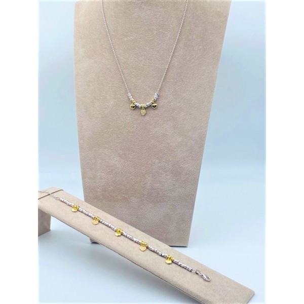 Parure collana e bracciale argento con ciondoli cuore tubicini martellati e nodini