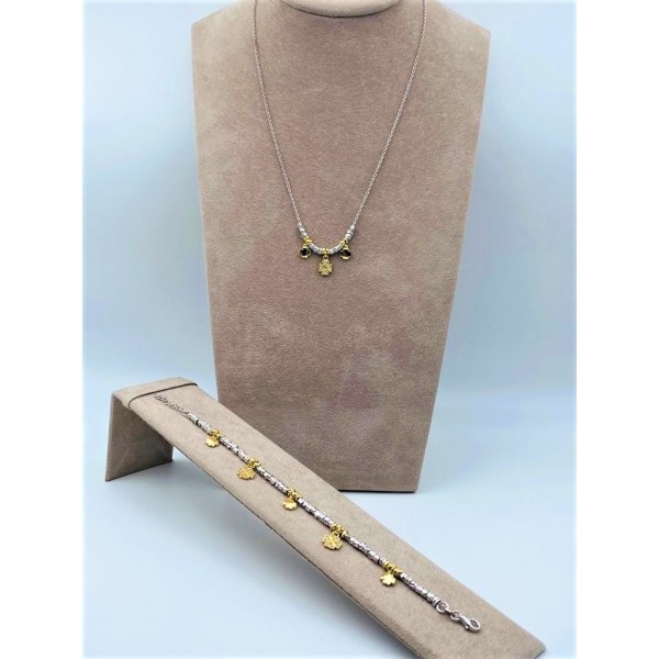 Parure collana e bracciale in argento con ciondoli quadrifoglio tubicini martellati e nodini