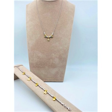Parure collana e bracciale in argento con ciondoli stella e cuori tubicini martellati e nodini